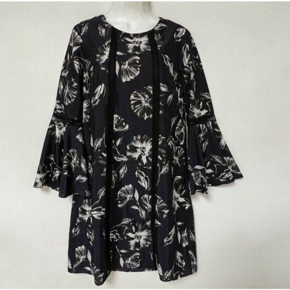 Vince Camuto Crepe de China A-Line Dress Bell Sleeve Floral Navy Blue‎ Size 4 - Picture 2 of 10